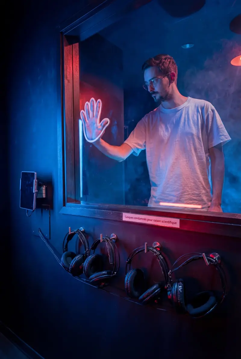 Un joueur et les casques d’un défi de l’Aventure Sensorielle chez Tactisens.