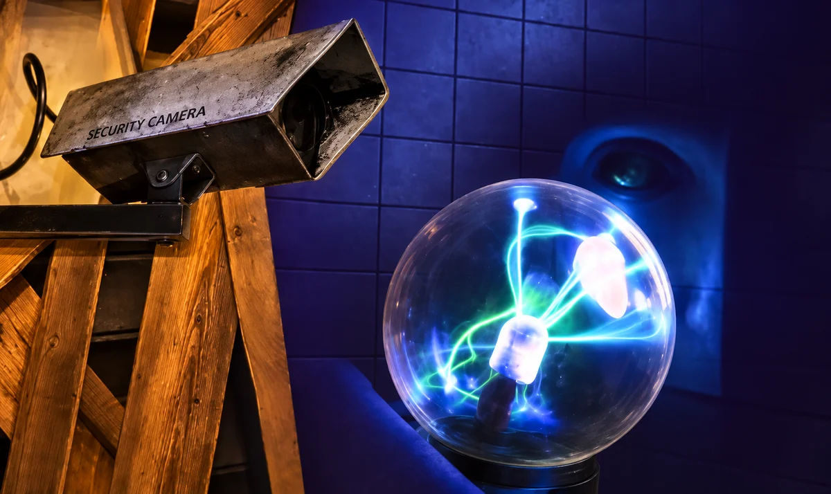 Caméra de surveillance et sphère électrique dans le décor de The Bunker à Toulouse