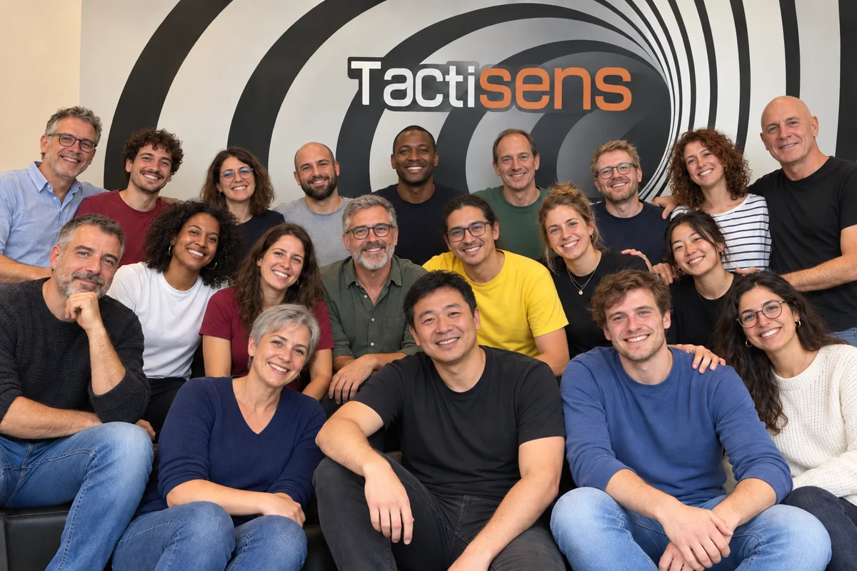 Un grand groupe souriant pose devant le mur en spirale au logo Tactisens