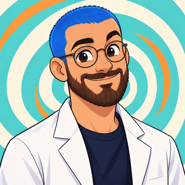 Portrait dessiné d’Alexis en blouse blanche, avec des lunettes rondes, les cheveux rasés bleus et une barbe brune