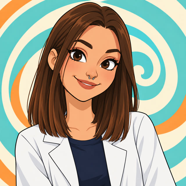 Portrait dessiné de Morgane en blouse blanche, avec les cheveux châtains lisses sous les épaules et un anneau au septum