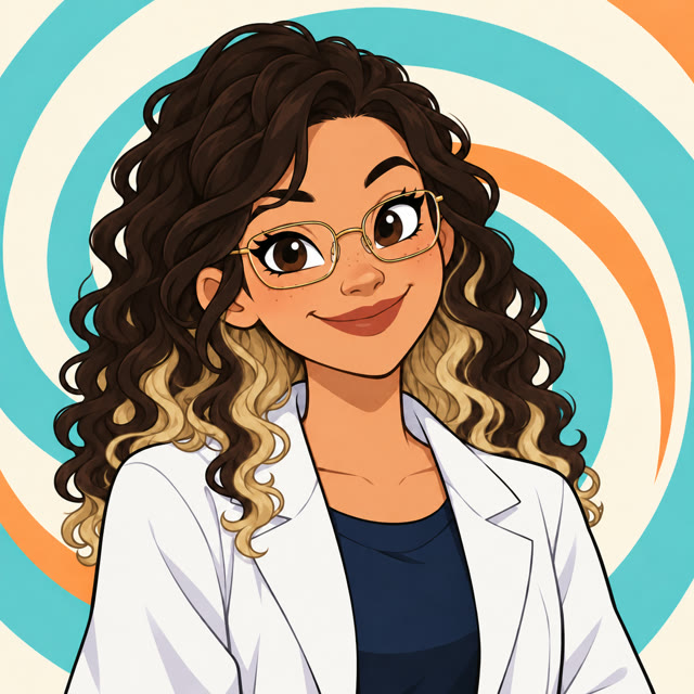 Portrait dessiné de Trèfle en blouse blanche, avec des lunettes dorées, un liner noir et les cheveux bouclés détachés, brun foncé sur le dessus et blonds dessous